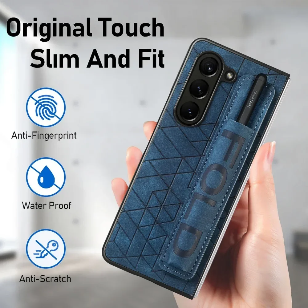 PU Leather Wrist Strap Cover for Samsung Galaxy Z Fold 7 6 5 4 3 Fold7 Hard Phone Case with S Pen Holder & Finger Grip(no Pen)