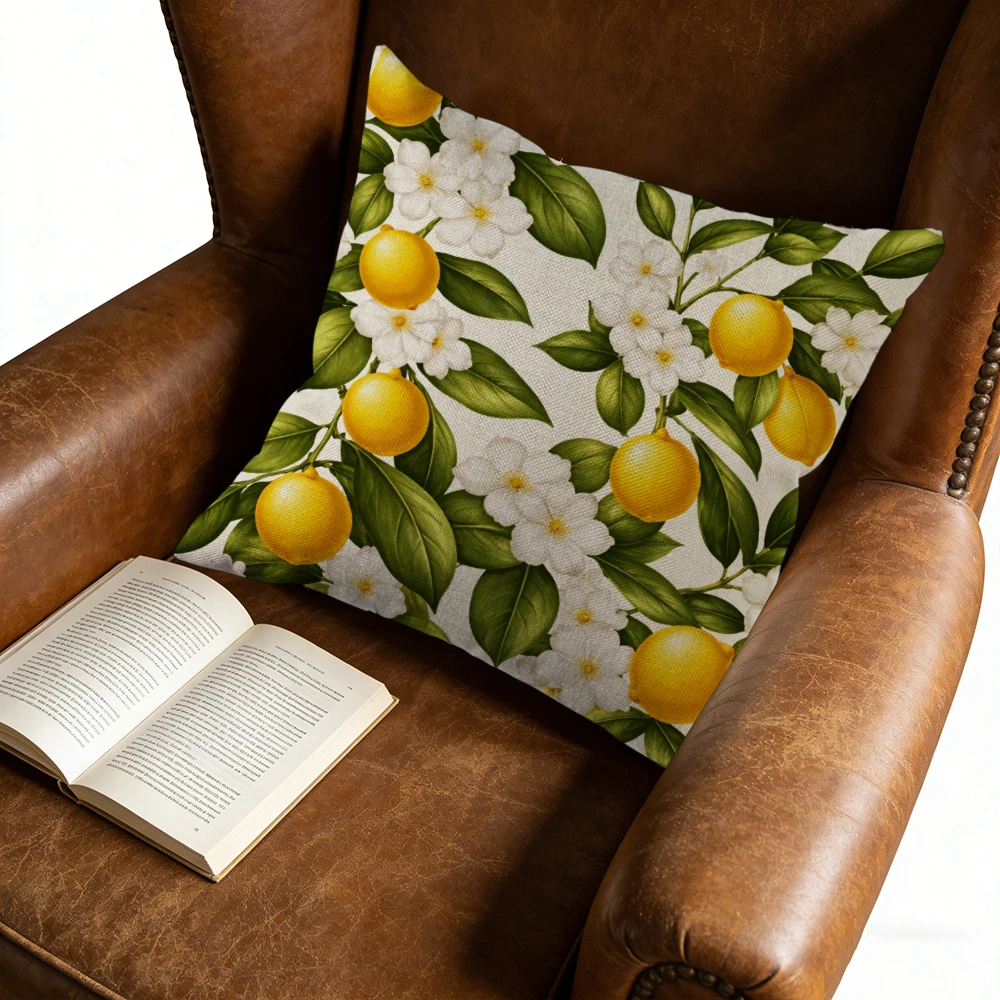 Square Decorative Pillow Case Lemon And White Flower Print For Living Room Bedroom Window Seat
