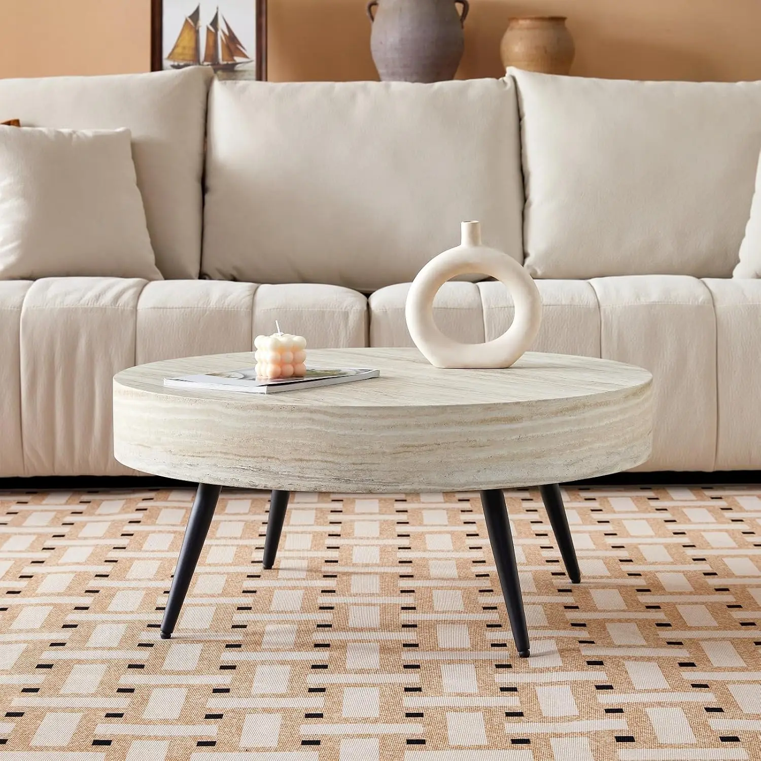 Round Coffee Table Mid Century Metal Legs Wood Accent Table Living Room Apartment Small Space 31.5