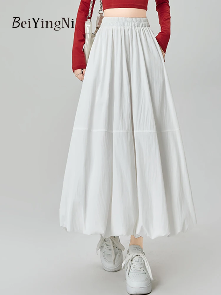 Beiyingni New Fashion Women's Bud A-line Skirts White Purple Elastic Waist Midi Long Skirt Kawaii All-match Street Jupes Faldas