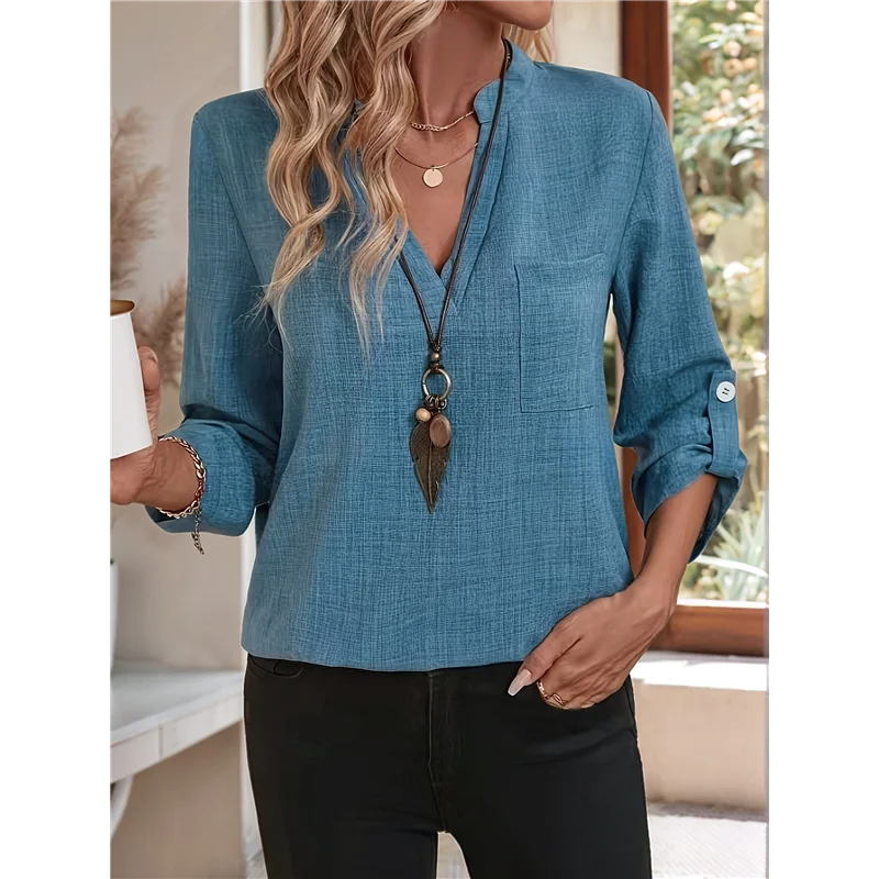 ABRT-Damskie koszule typu boyfriend Zapinana na guziki bluzka z długim rękawem Koszula z kołnierzykiem i mankietami