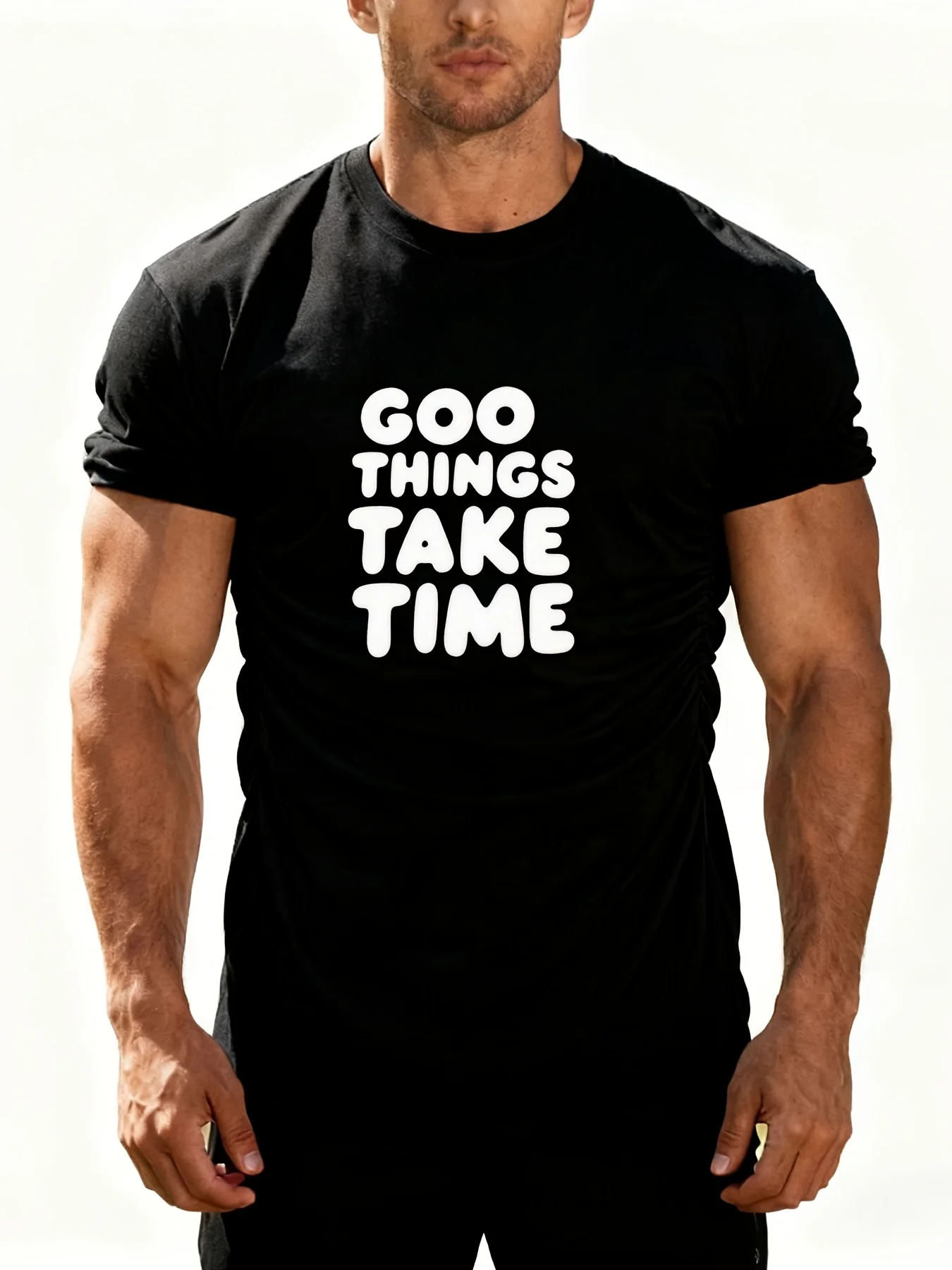 

Men's Casual Short Sleeve Graphic Tee - Bold White "GOOD THINGS TAKE TIME" Print Crew Neck Summer T-Shirt for Men Breathable &
