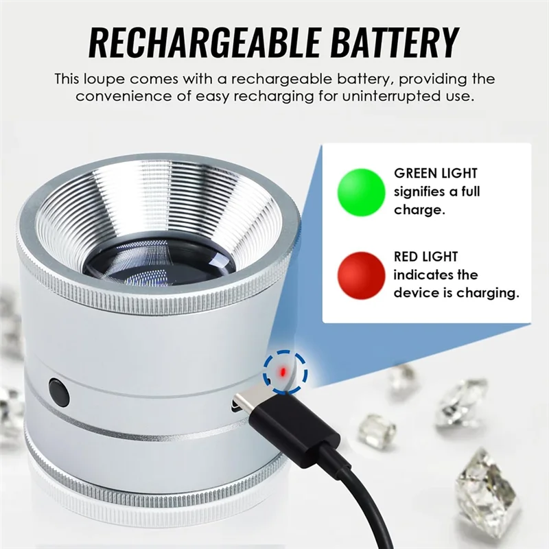 AT21-لأداة تحديد العرف على الأحجار الكريمة والعملات المعدنية والألماس - عدسة مجوهرات LED 10X قابلة لإعادة الشحن، عدسة مكبرة بمقياس 30 مم مع ضوء للأشعة فوق البنفسجية