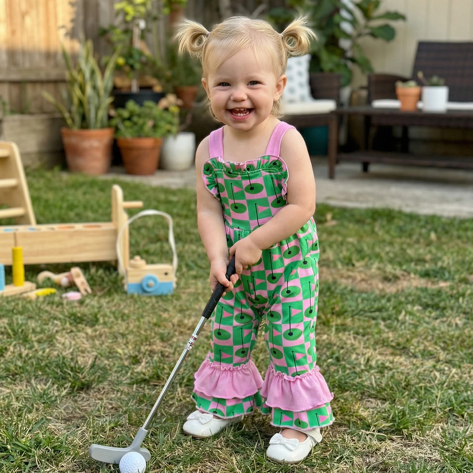 

Girls Jumpsuit Sleeveless Square Neck Golf Print Romper Overalls Toddler Baby Girls Playsuits Bell Bottoms Costume