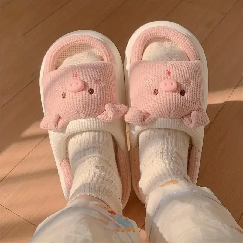 Slippers for Women Linen Cotton Home Shoes Thick Soft Sole Lovely Pig Non-slip for Outdoor for Four Seasons Korean Style