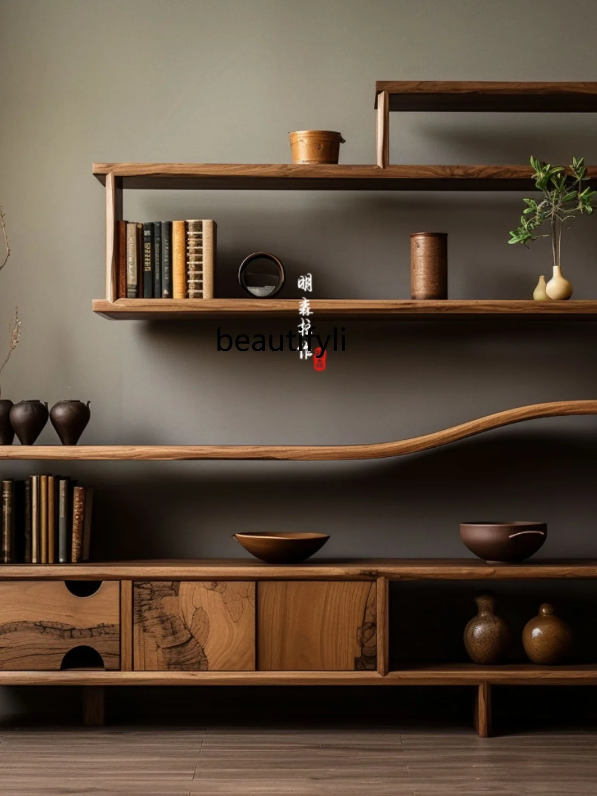 New Chinese-style wall, ornament, living room low cabinet, tea leaves, shelves, floor-to-ceiling shelves