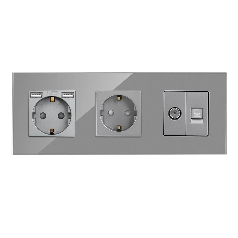 DAJIMEI EU Russia Standard Double Triple Wall Plug TV Computer Internet RJ45 and Dual USB Socket Crystal Glass Panel for Home