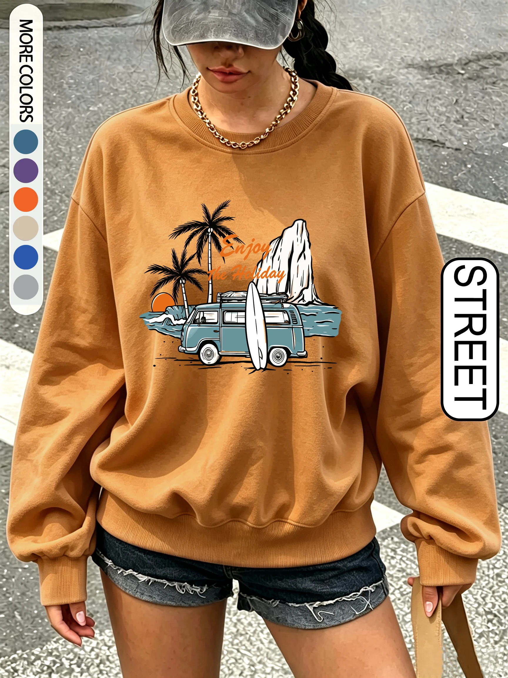 Enjoy The Holiday Surfing Coconut Tree Print Women Sweatshirt Autumn Fleece Pullovers Crewneck Streetwear Loose Casual Clothing