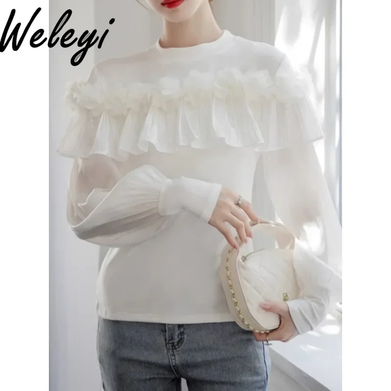 

White Round Neck Ruffle Edge Knitted Sweater Women's Autumn and Winter 2024 Design French Unique Long Sleeve Knitting Top Female