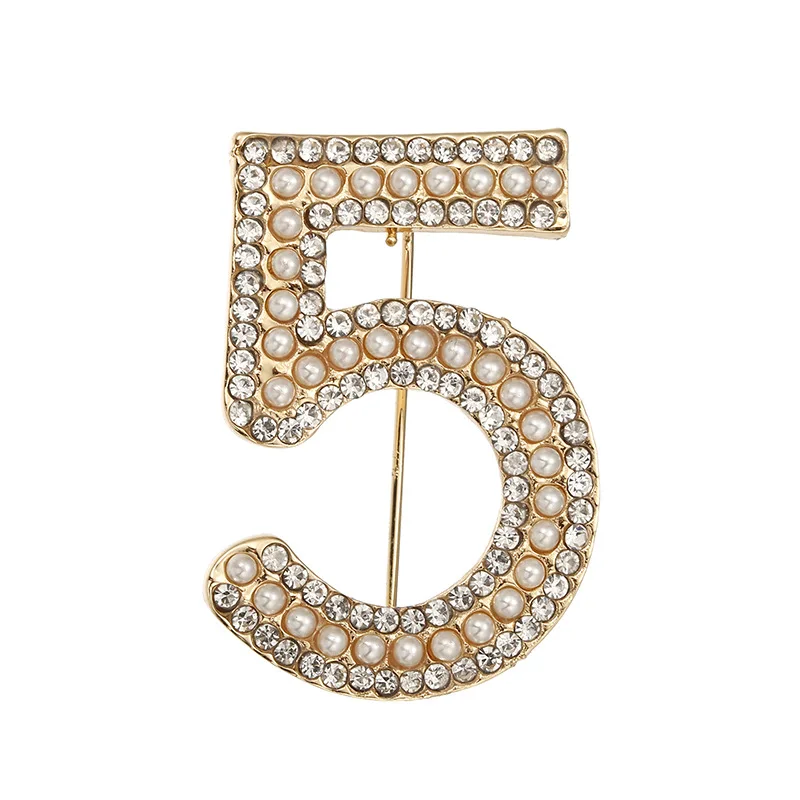 New Number Five Brooches Jewelry Lucky Letter 5 Full Crystal Rhinestone cc Brooch Pins For Women Party Gift