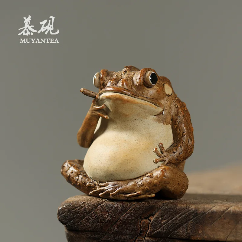 Mu Yan Rustic Cigar Frog Tea Pet, Handmade Ceramic Art By Liu Zhenguang, Creative And Cute Gift Decoration