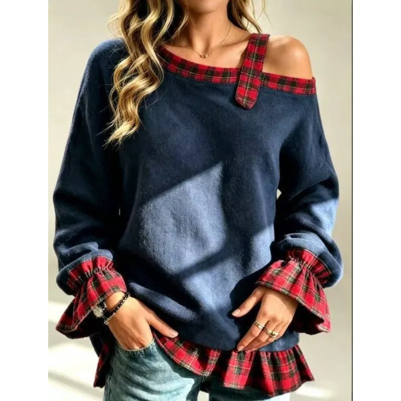 Women's Color Blocked Checkered Printed Top Spring Autumn Sexy Off Shoulder Loose Ruffle Edge Pullover Ladies Fashion Clothing