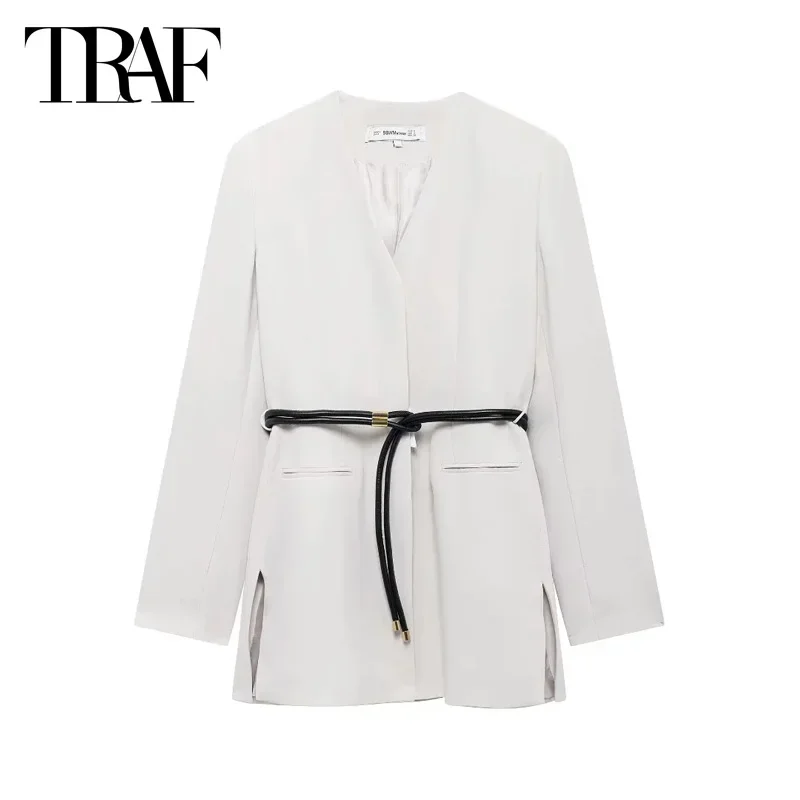 TRAF Office Lady Blazers Belt Long Blazer Women's Outerwear White Grey Black Coat 2024 Autumn Elegant V-neck Long Sleeve Blazer