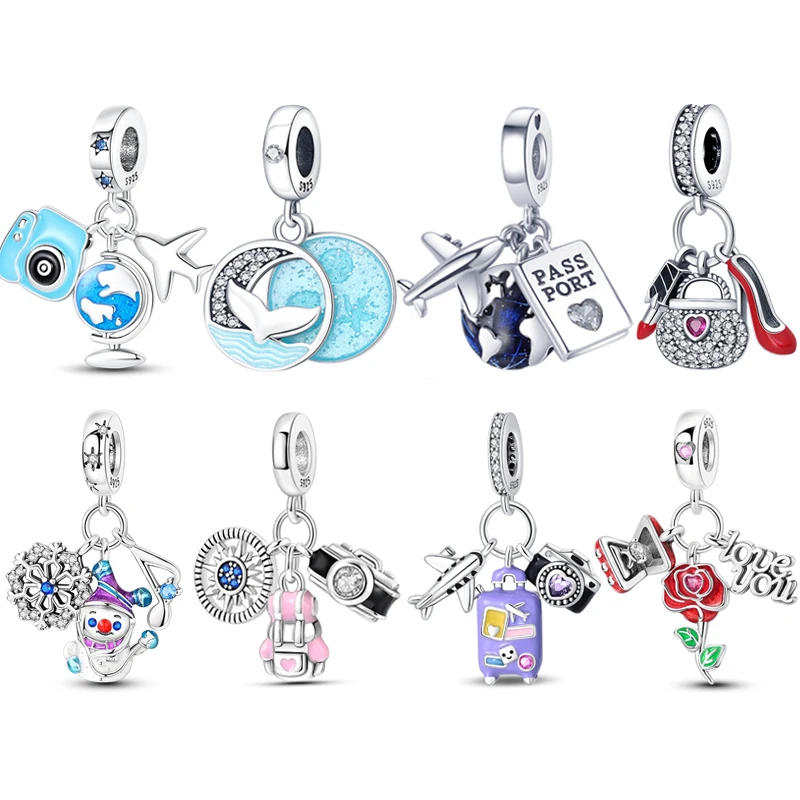 Plata De Ley 925 Silver Airplane Passport Luggage Camera Charms Beads Womens Original Bracelets DIY Jewelry Pendant Fine Gifts