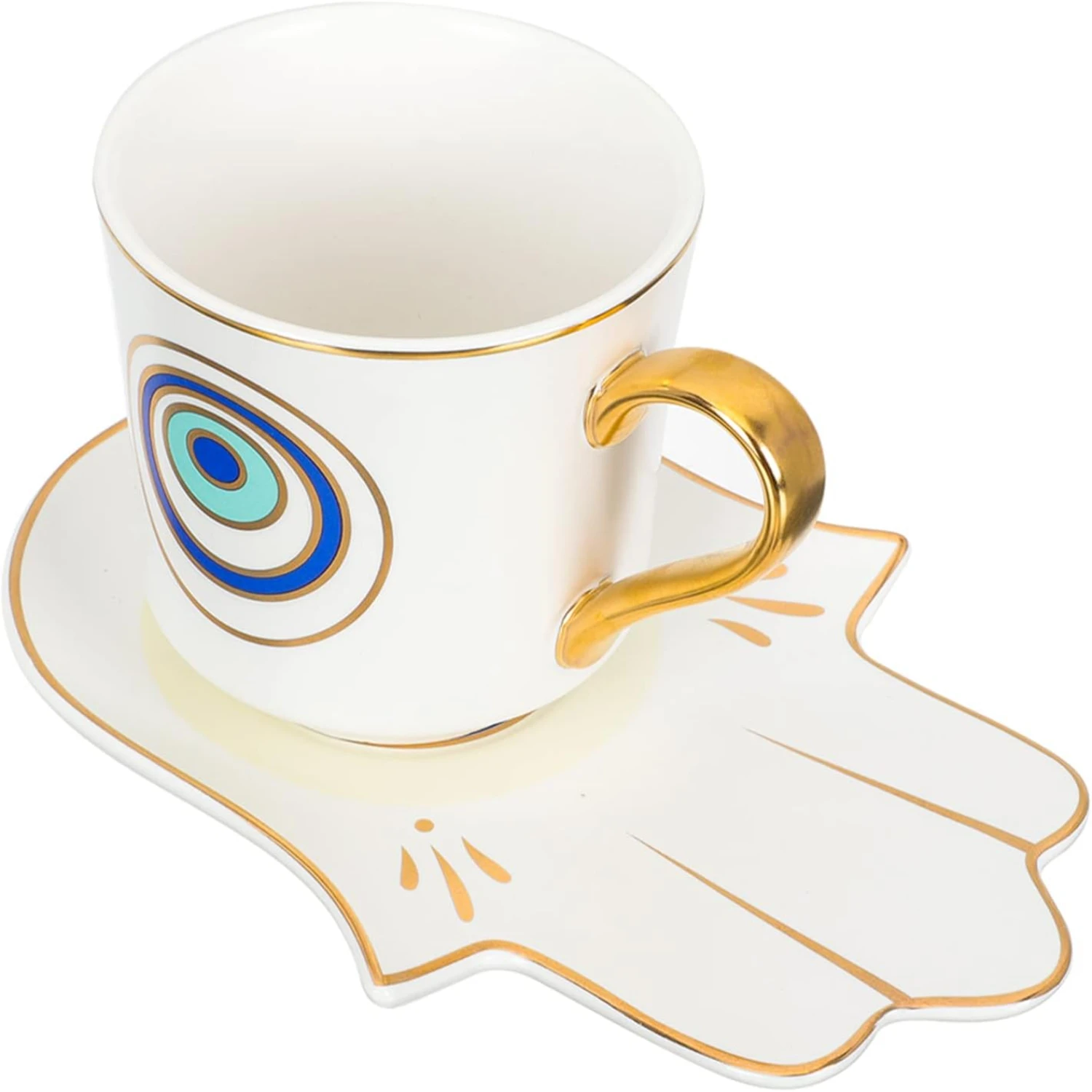 Delightful Premium Quality Handcrafted Turkish Evil Eye Tea Cups and Coffee Mugs - Charming and Sophisticated Hamsa Hand Saucers