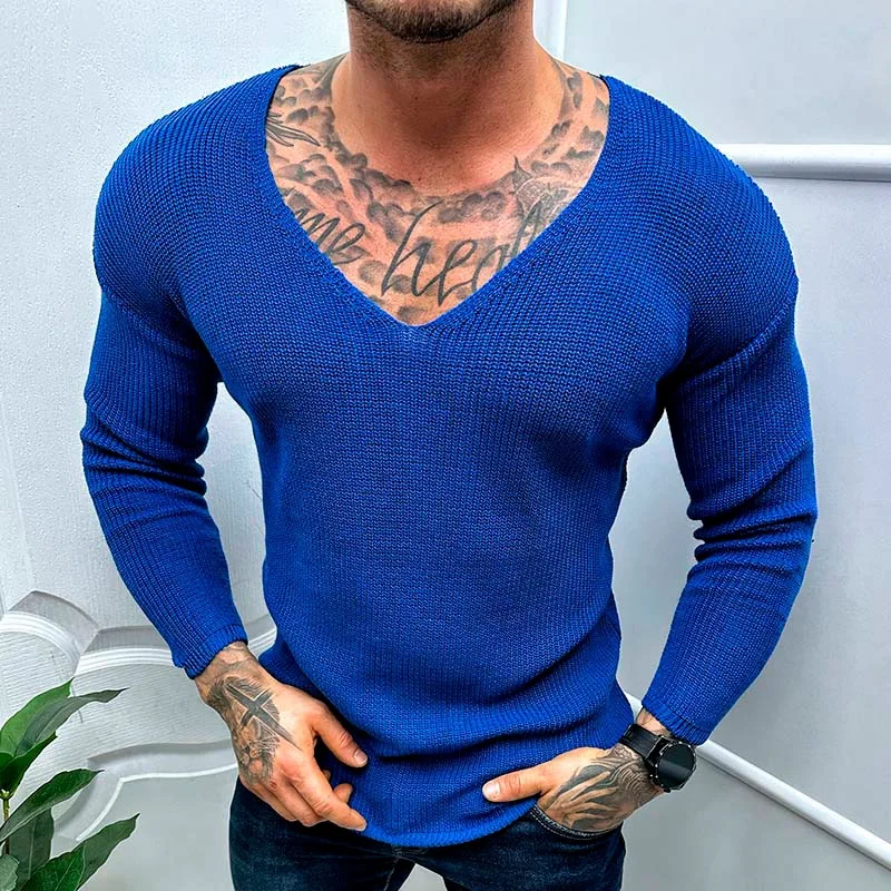 Mens Casual V-Neck Solid Sweater Spring Summer Fashion Knitted Pullover Tops For Men 2023 Harajuku Long Sleeve Jumper Streetwear