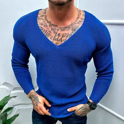 Mens Casual V-Neck Solid Sweater Spring Summer Fashion Knitted Pullover Tops For Men 2023 Harajuku Long Sleeve Jumper Streetwear