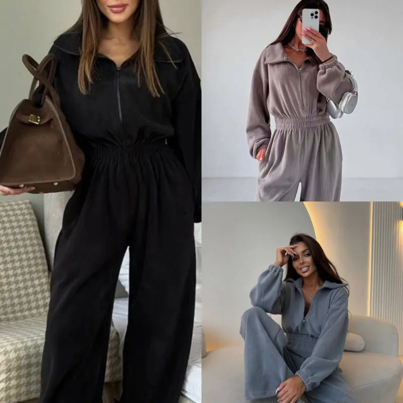 Women’s Spring Autumn Jumpsuit Fashionable Long Sleeve Half Zipper Relaxed Fit Bodysuit With Elastic Waist For Casual Wear New