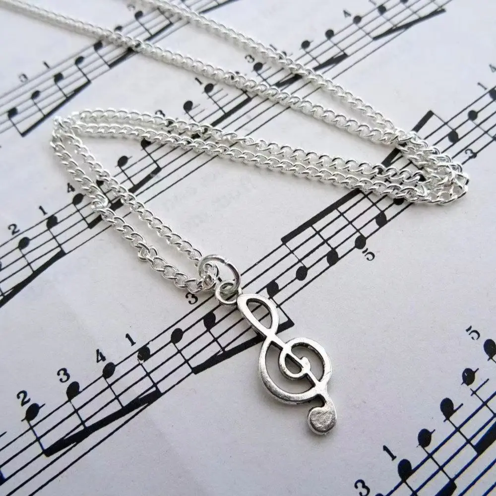 Vintage Antique Silver Treble Clef Pendant Necklace, Music Note Long Chain Jewelry for Men Women, Musician Singer Fashion