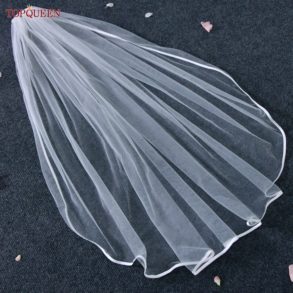 TOPQUEEN V21 Ribbon Edge Wedding Veil Bridal Veils Wedding Short 1 Tier Elegant Rochii Wedding Veil Long With Comb Soft Veu