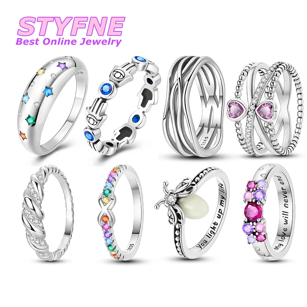 Women 925 Sterling Silver Geometric Stars Colorful Stripes Noctilucent Firefly Rings Jewelry Anniversary Birthday Fashion Gifts