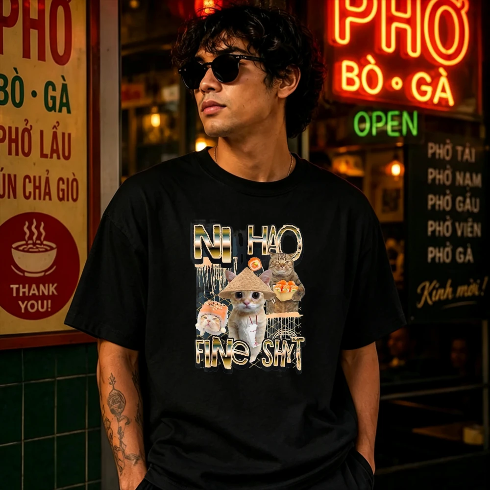 Vintage Hip Hop Ni Hao Funny Straw Hat Cat Collage Graphic Cotton T Shirt Black Internet Meme Streetwear Loose Daily Wear Tees