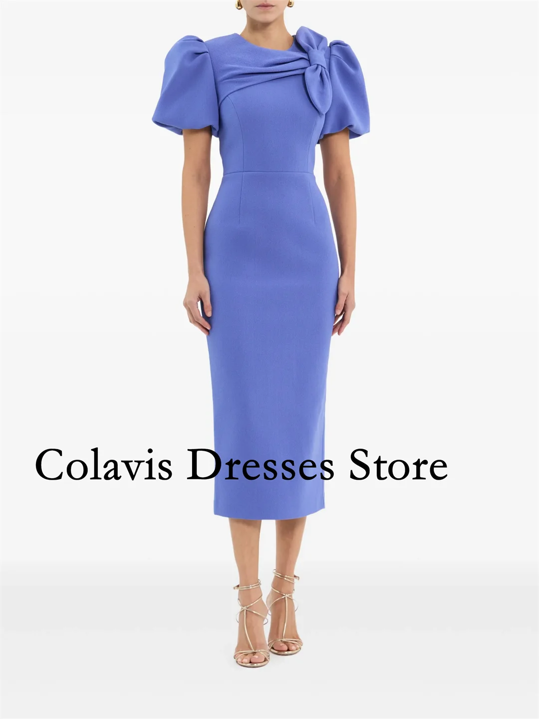 

2025 Customized Tea Length Blue Bow Shoulder Crepe Prom Dresses Evening Dress Women Evening Gowns Formal Party Dress