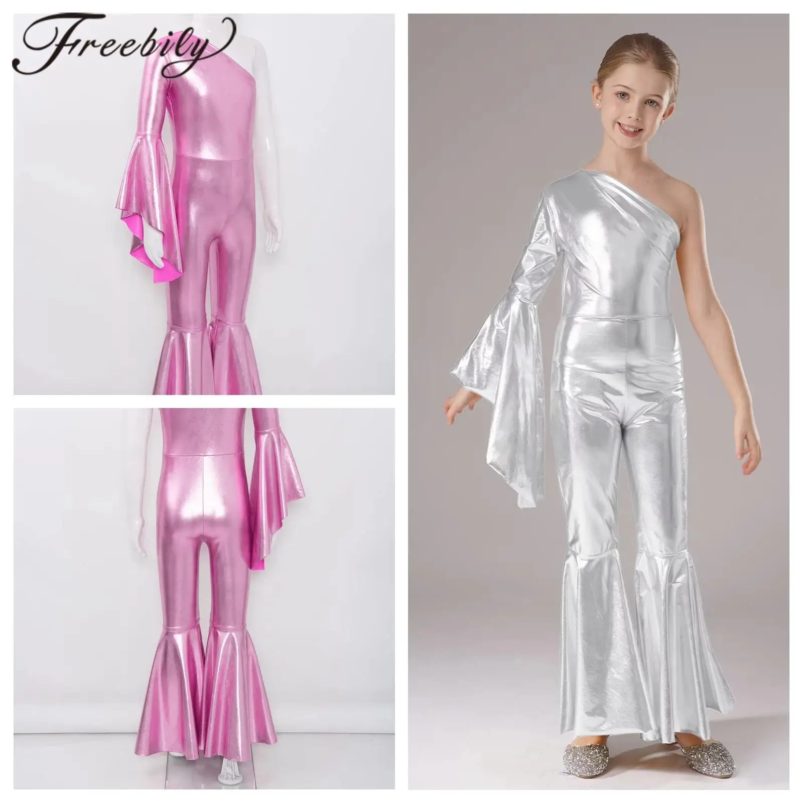 

Kids Girls Retro 70s Shiny Bell-Bottom Hippie Jumpsuit Disco Music Festival Party Costume Children Metallic Jazz Dance Bodysuit