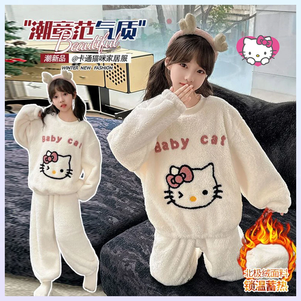 2Pcs Kawaii Hello Kitty Kids Flannel Pajamas Pants Cartoon Anime Sanrio Winter Teen White Warm Pajama Set Children's Homewear