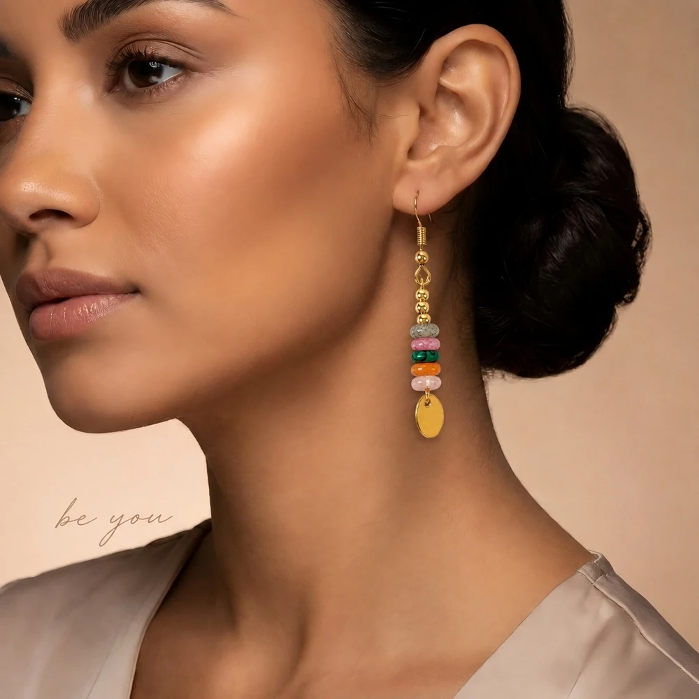 2pcs Women's Trendy 18K Gold Plated Stainless Steel Drop Earrings with Multicolor Semi-Precious Stone Beads and Round Disc Dangl