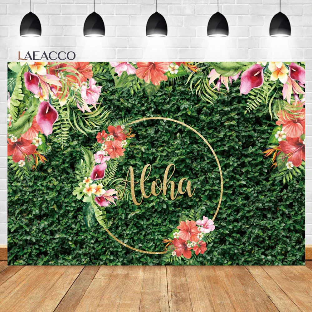 

Laeacco Green Leaves Grass Wall Baby Shower Backdrop Tropical Jungle Aloha Party Kids Portrait Customized Photography Background