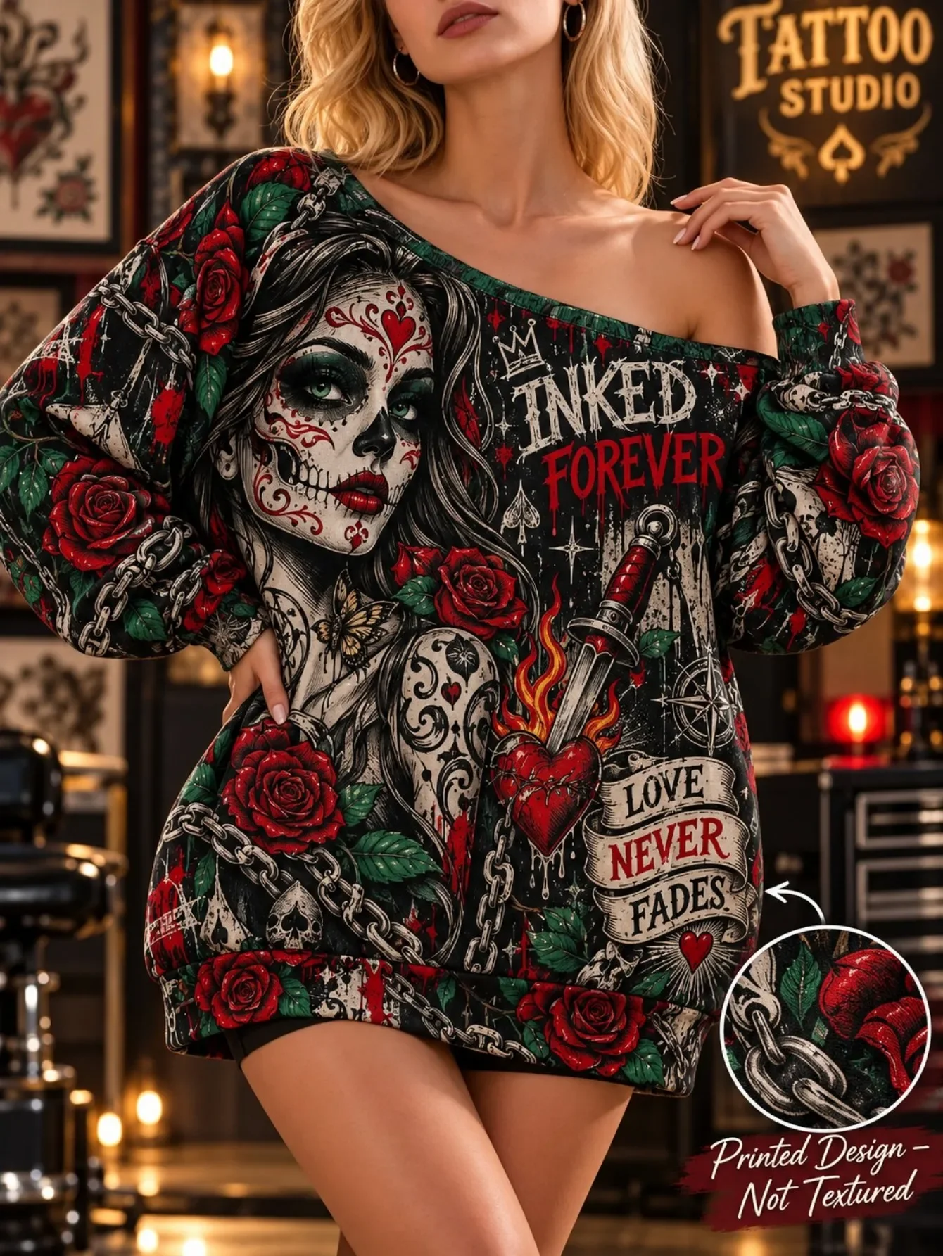Women Play Me Loud Off Shoulder Sweatshirt, Sugar Skull Music Rose Vinyl Record Gothic Halloween Graphic Top