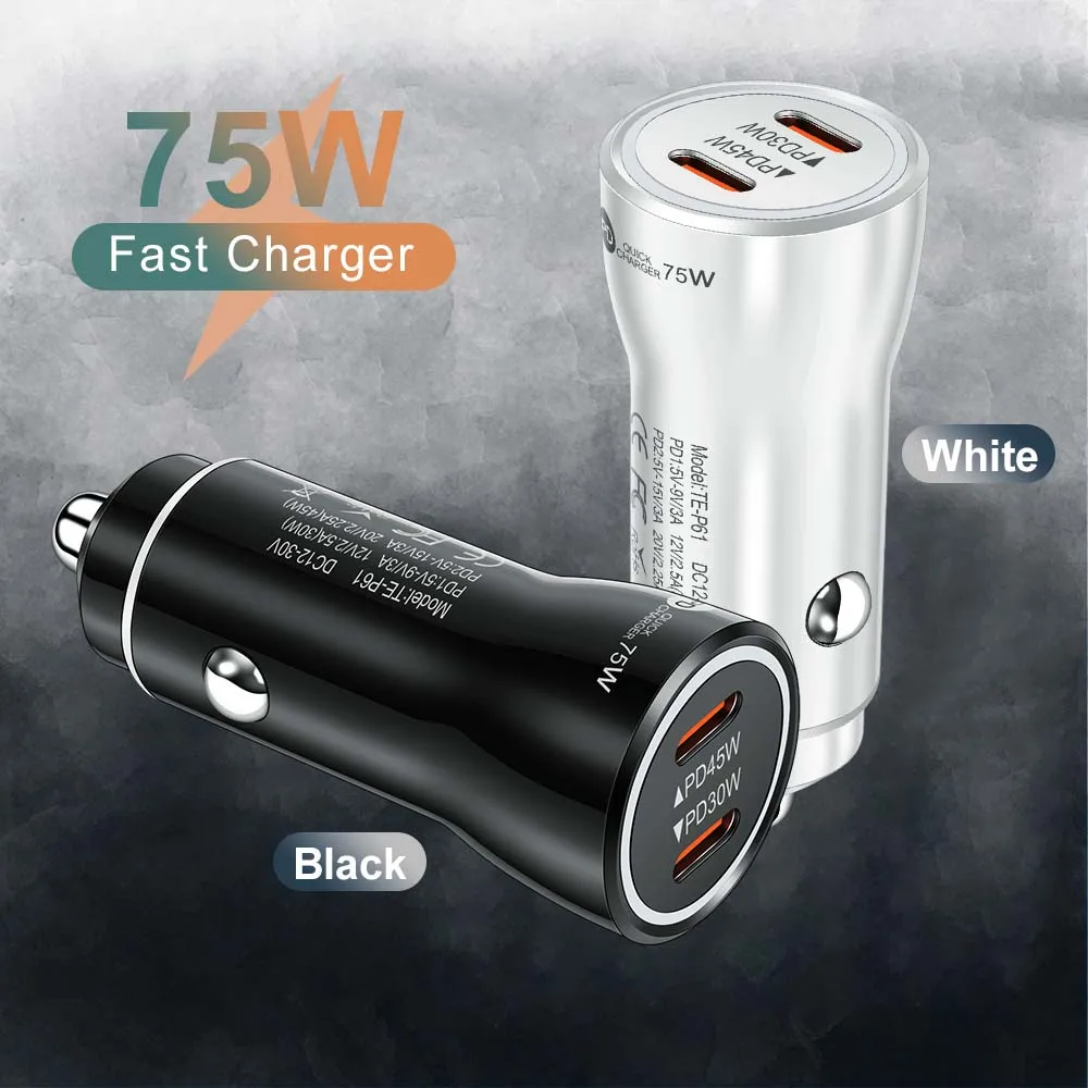 

75W USB C Car Charger Dual Ports Type C In Car Fast Charge Adapter For iPhone Xiaomi Samgsung Car Phone Charger