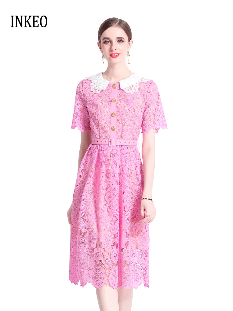 Sweet Short sleeve Lace embroidery Midi dress for women 2024 Summer Elegant Metal buttons long dresses with belt INKEO 4D048