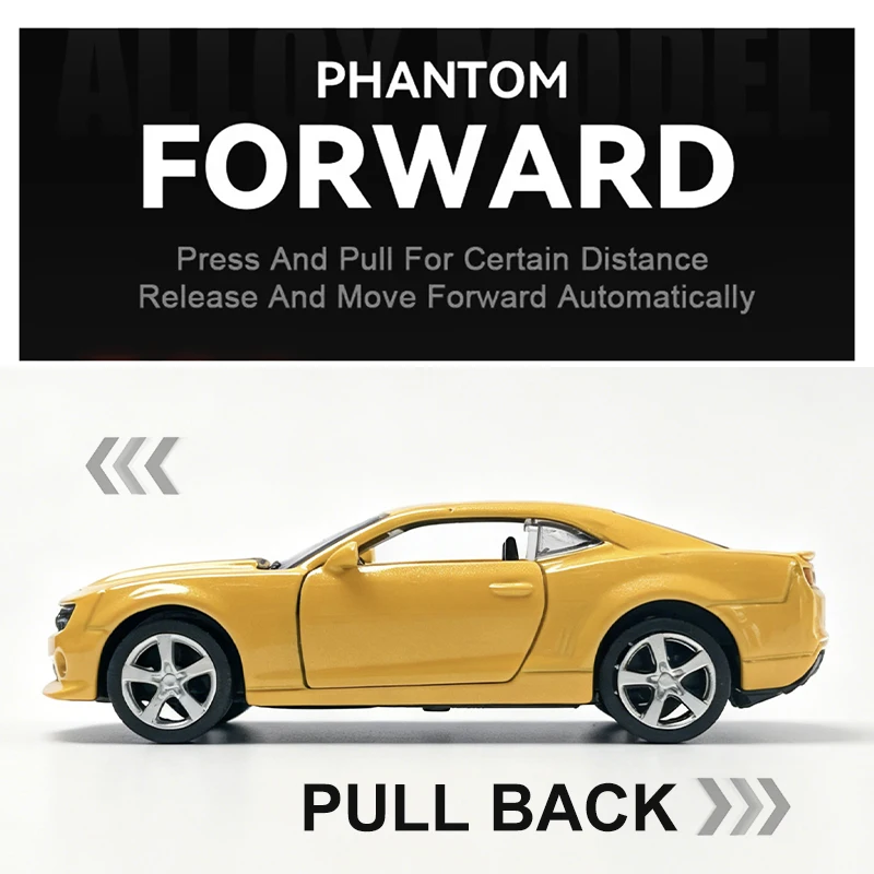 Camaro Bumblebee em escala 1:36, modelo de carro vintage em liga metálica, réplica de veículo miniatura com sistema de fricção para coleção ou presente.