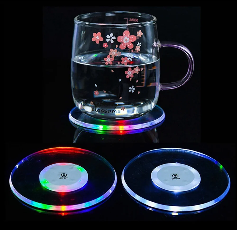 1pcs USB Rechargeable RGB LED Coaster Acrylic Crystal Light Up Base Color Changing Drink Coaster for Party Bar Decor Gift