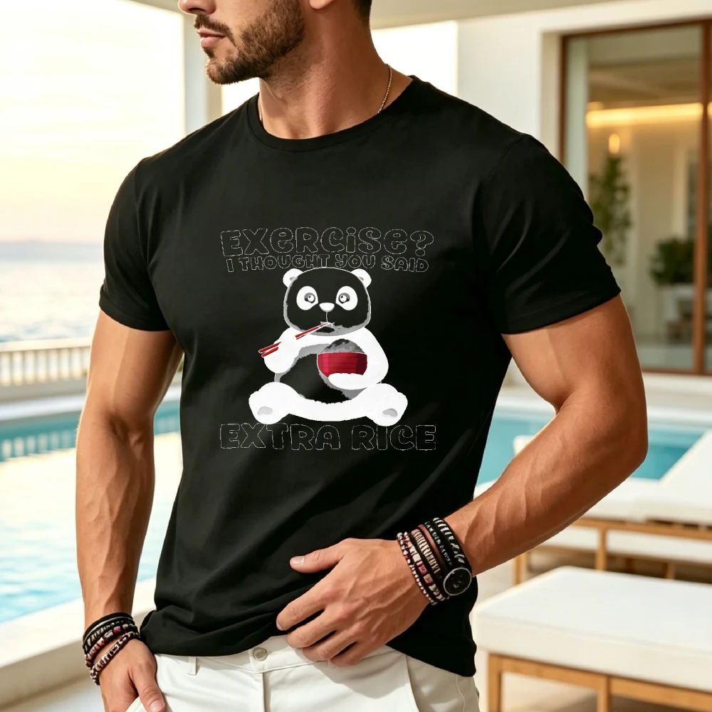 Camiseta divertida para hombre con diseño de panda comiendo arroz - Camiseta retro con humor asiático con la frase "Exercise?" Camiseta informal de manga corta con cuello redondo y estampado de "I Thought You Said Extra Rice", adecuada para el gimnasio y el uso informal, ropa para amantes de los pandas