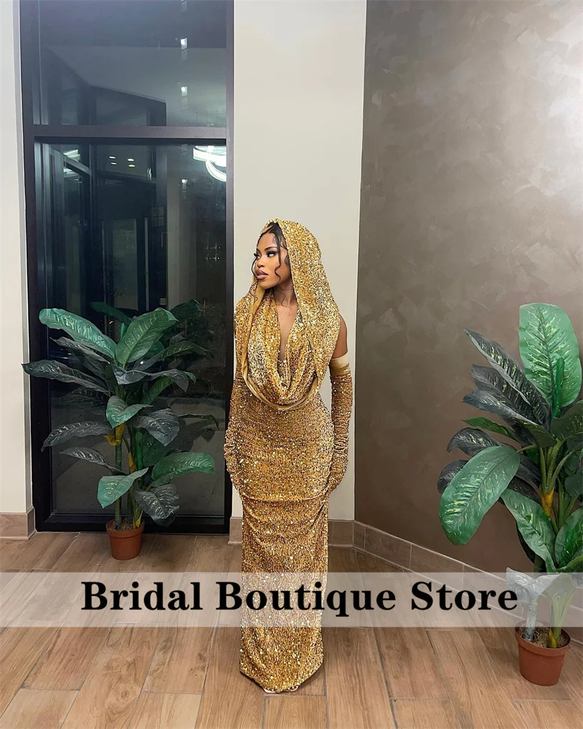 Gold Mermaid Prom Dresses 2025 With Cape Black Girls Evening Gown Wedding Party Birthday Gown With Gloves Customized