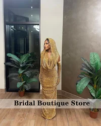 Gold Mermaid Prom Dresses 2025 With Cape Black Girls Evening Gown Wedding Party Birthday Gown With Gloves Customized