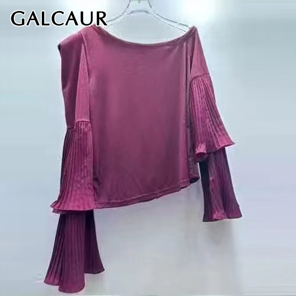 

GALCAUR однотонная женская базовая футболка с круглым вырезом и расклешенными рукавами, свободная повседневная шикарная женская футболка, осенняя модная стильная новинка