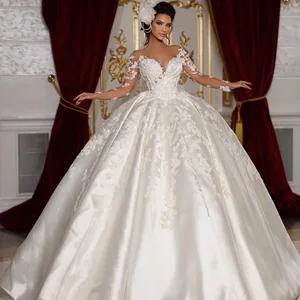 Langarm -Satin als Ball, Reißverschluss nach oben, Perlen, Pailletten, Applikationen, Brautkleider, Neugeborene 9 Hauptverkaufskleid Braut Luxus -Satin - №8