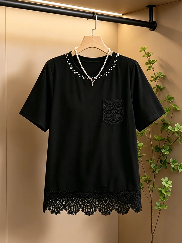 

Lace Trim Hollow out T-Shirt Women's Summer New Style Slimming Short Sleeve round Neck Top Large Size Design Korean Style Com...