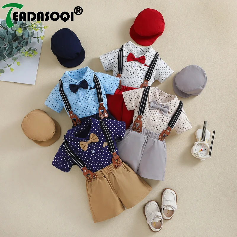 

3-24M Summer Baby Boys Gentleman Clothes Suit Short-Sleeve Polka Dots Print T-Shirt Rompers+Suspender Shorts Pants+Hat 3Pcs Sets