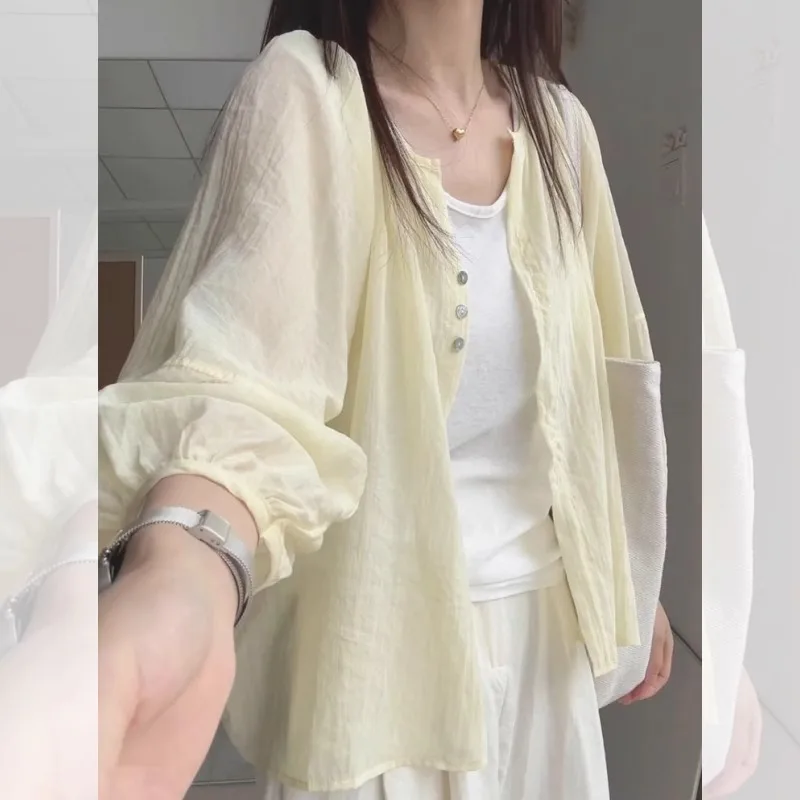 Women Petite Cropped Tencel Linen Sun‑Protection Shirt Lightweight Cardigan Cover‑Up Thin Outerwear Top for Autumn Daily