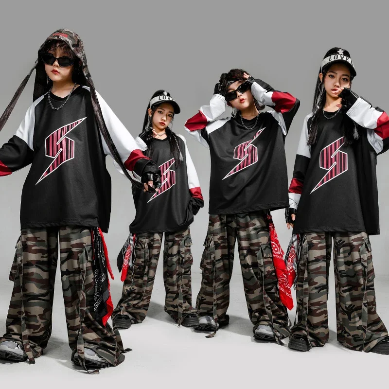 

Hip Hop Costume Girls Boys Ballroom Dancing Clothes Jazz Streetwear Party Stage Outfits Lightning Shirt Camouflage Pants XH2383