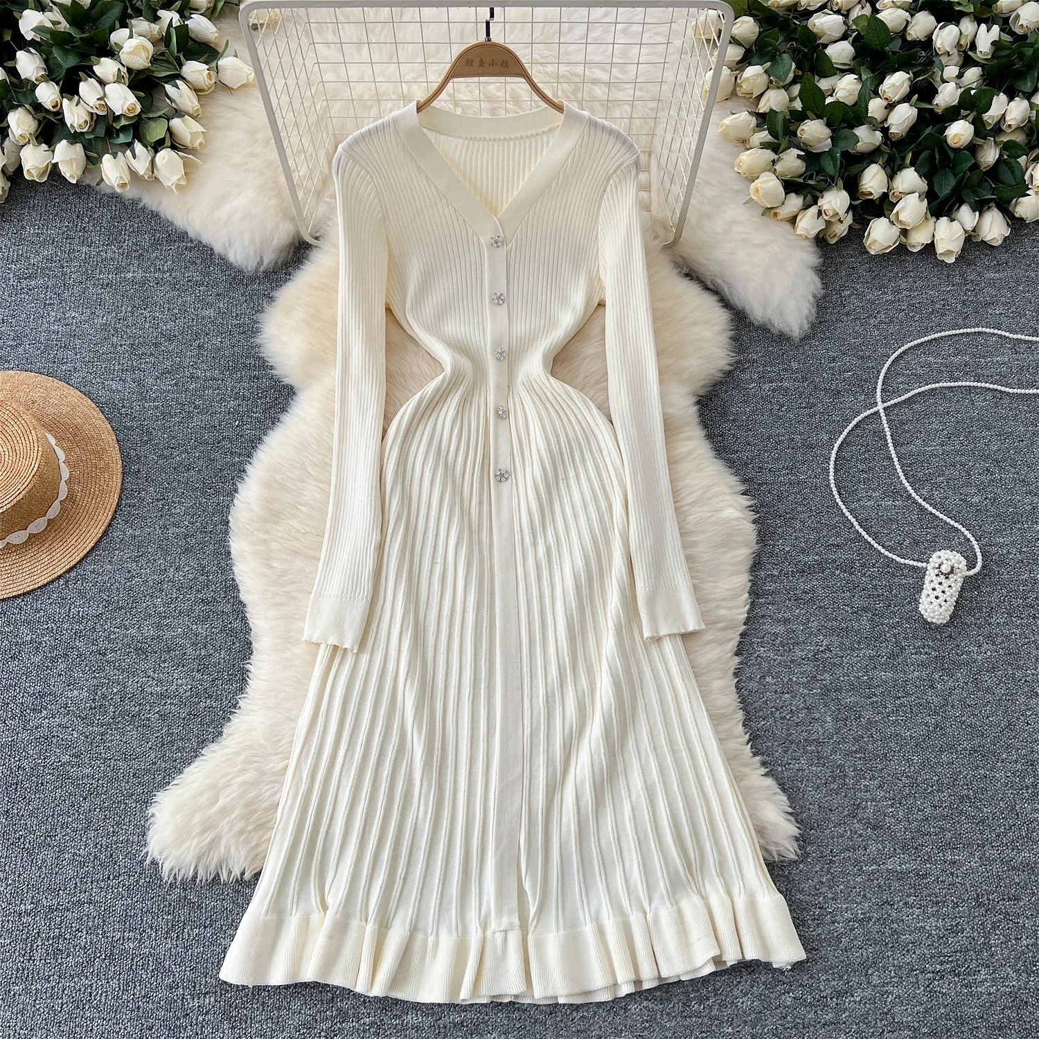 2024 Pink French Fashion Knitted Maxi  Long  Dress Women V Neck Button Single Breasted Ruffles Slim Sweater Party Dress