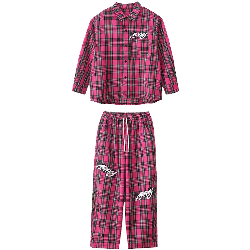 Kids Hip Hop Dance Clothes Plaid Long Sleeve Shirt Tops Pants Sport Suit Girls Jazz Practice Clothing Teenager Stage Costumes