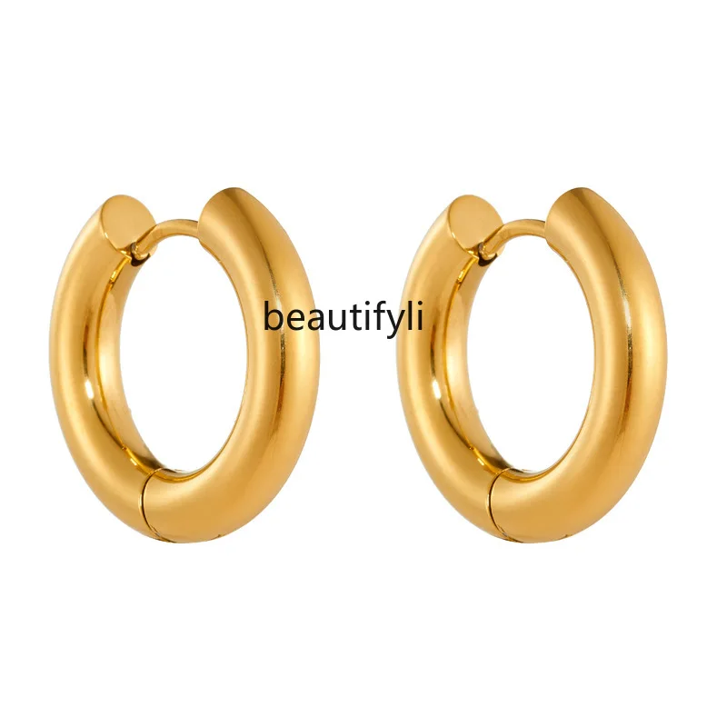 18K gold round circle earrings for women, simple and generous, not tiring the ears, heavy metal texture, ear buckle