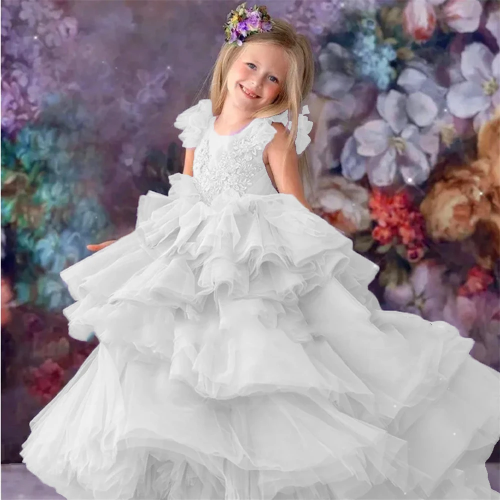 Princess Flower Girl Dresses for Wedding Ruffles Layered Lace Girl Kids Birthday Party First Holy Communion Gowns Customized