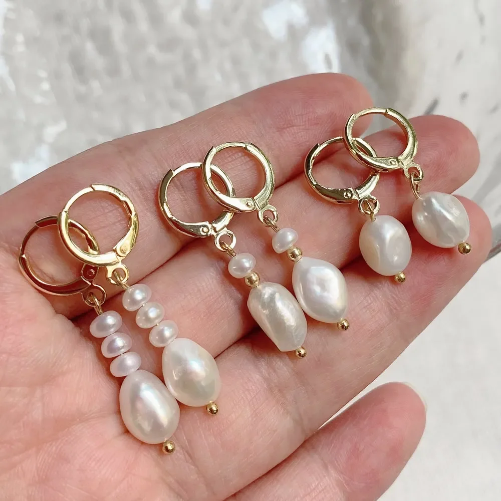 Gold Color Natural Freshwater Pearl Drop Earrings Irregular Baroque Pearl Tassel Pendulum Charm Small Loop Huggie Pearl Earring
